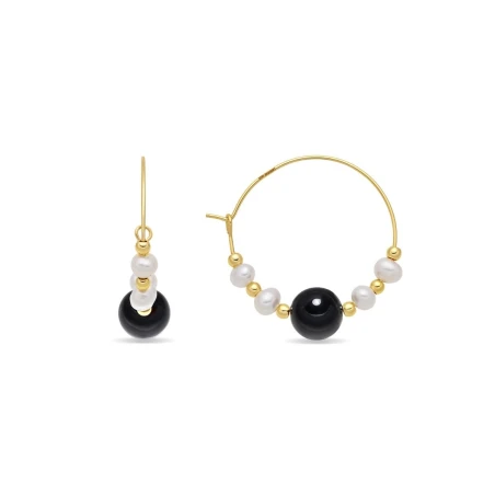 Pendientes Luxenter Lasrij Aro Plata Baño Oro, Perlas y Piedra Negra EXA950YC2000