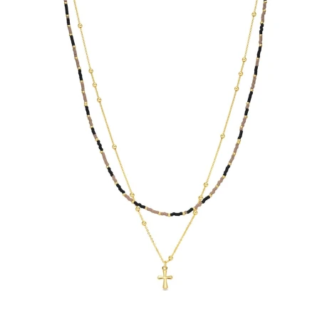 Collar Luxenter Yosuey Cruz Plata Baño Oro y Piedras Negras NXA795YC0100