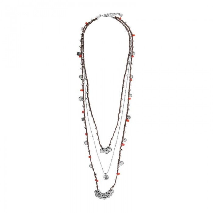 Collar largo triple de cuero trenzado y piezas de metal bañadas en plata de 15 micras con forma de lacres combinadas con cristal