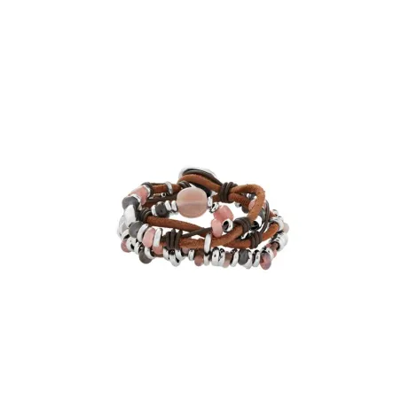 Pulsera de cuero marrón compuesta por piezas de metal bañadas en plata de 15 micras y forma de grano combinadas con cristales ar