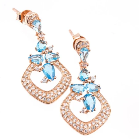 Pendientes colgantes ARXIS Plata en rose y circonitas. Agua Marina