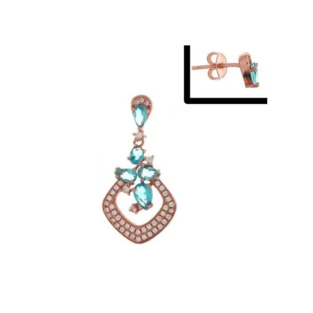 Pendientes colgantes ARXIS Plata en rose y circonitas. Agua Marina
