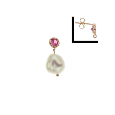 Pendiente Piedra circonita Rosa Redonda Y Perla natural Colgante Plata - Fresh Water Pearl Con Cz Rosa