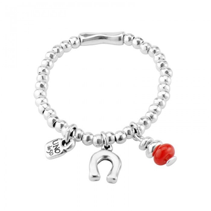 Pulsera Amuleto elástica con aleación de metales bañados en plata, cristal y charm herradura de la suerte. PUL1823ROJMTL0M