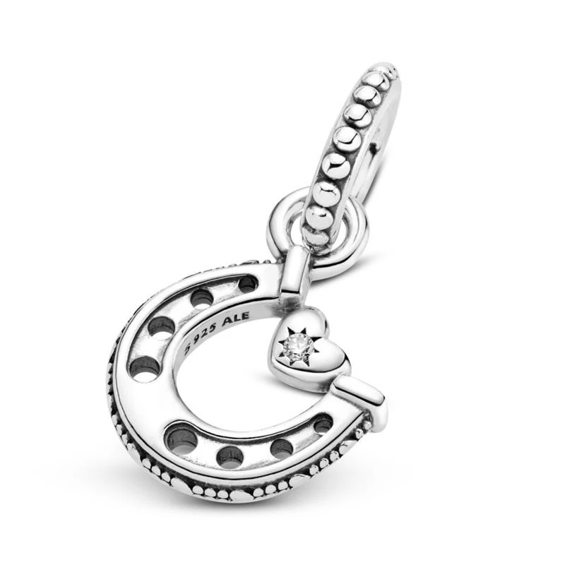 Horseshoe and heart sterling silver dangle with clear cubic zirconia