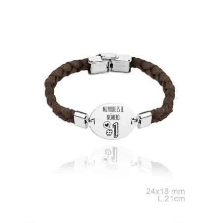 Pulsera Plata y Piel Marrón "Mi profe es el número 1" 0210833