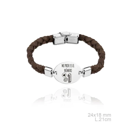 Pulsera Plata y Piel Marrón "Mi profe es el número 1" 0210833