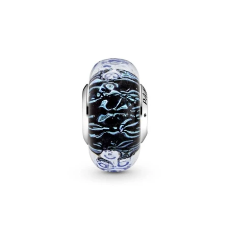 Wavy sterling silver charm with iridescent and dark blue Murano glass