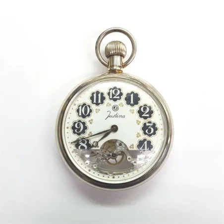 Reloj plata mecanico esqueleto fondo transparente, 48 mm. marca Justina