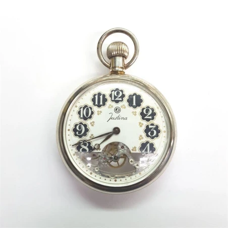 Reloj plata mecanico esqueleto fondo transparente, 48 mm. marca Justina