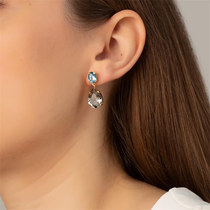 Pendientes Victoria Cruz Louis Mujer Plata Baño Oro y Cristal Swarovski Aquamarina y Gris A3618-03DT