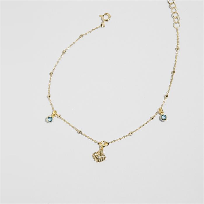 Tobillera Victoria Cruz Ocean Mujer Concha Plata Baño Oro y Cristal Swarovski Aquamarina A4027-10DB