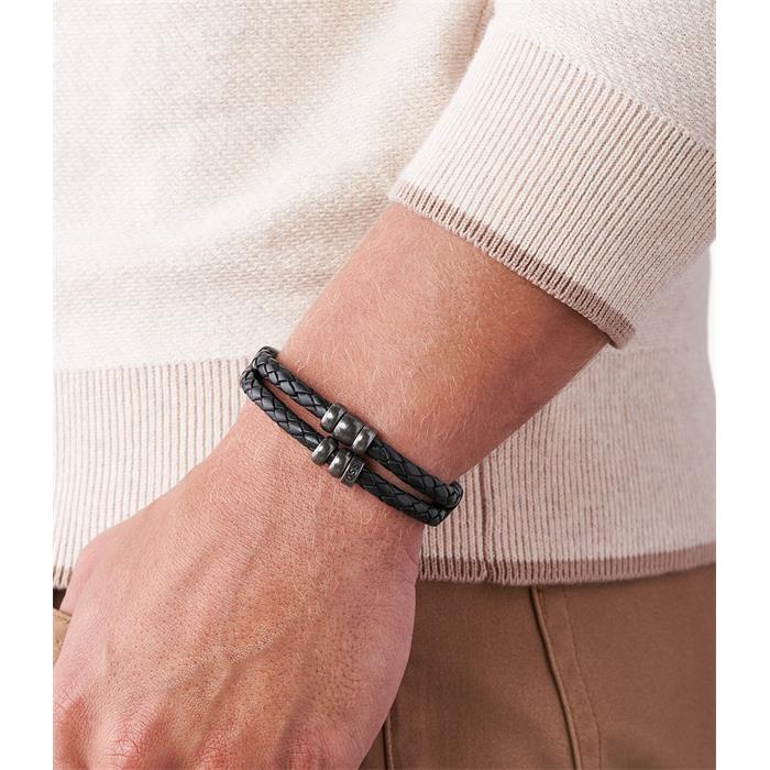 Pulsera Fossil Vintage Casual Hombre Cuero Negro y Acero Inoxidable JF85460040