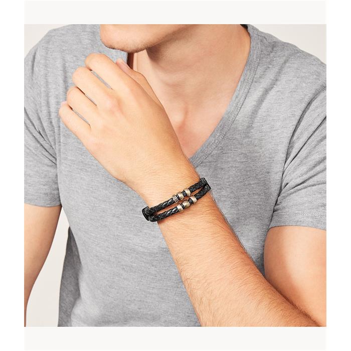 Pulsera Fossil Vintage Casual Hombre Cuero Negro y Acero Inoxidable JF85460040