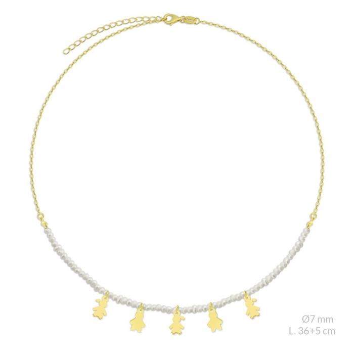 Gargantilla Colgantes Niño y Niña Plata Baño Oro y Bolitas Blancas 0175977