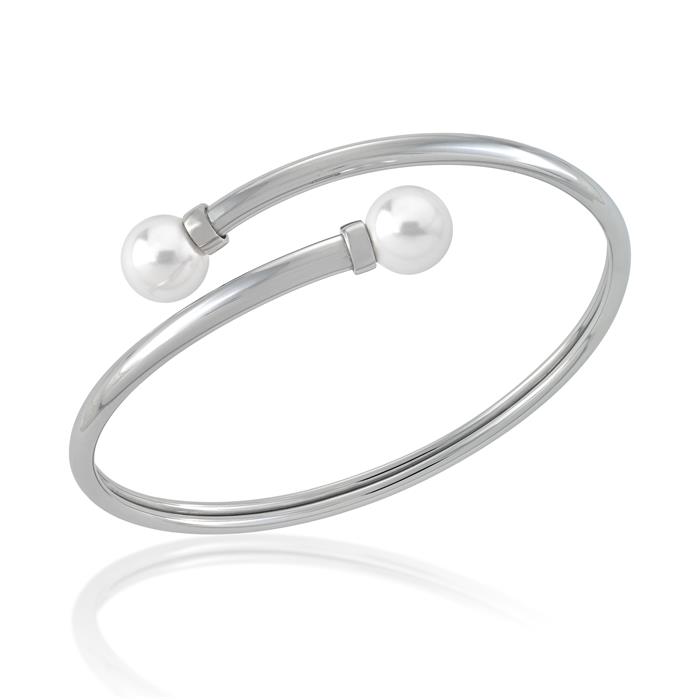 Pulsera Caña Majorica Acero Baño Rodio y Perlas Blancas 9mm 16000.01.0.000.010.1