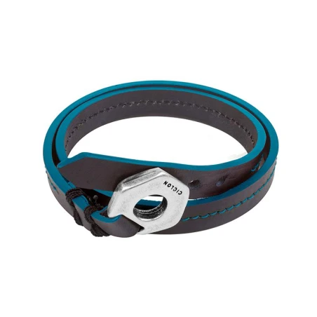 Pulsera Ciclón Uno X Dos Cuero Negro y Azul y Baño Plata MAN048-07-0