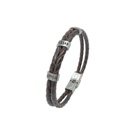 Pulsera Doble Hombre Acero Inoxidable Grabable y Piel trenzada Marrón C30301899/M