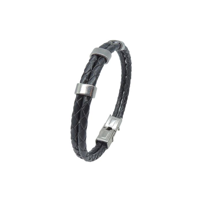 Pulsera Doble Hombre Acero Inoxidable Grabable y Piel trenzada Negra C30301899/N