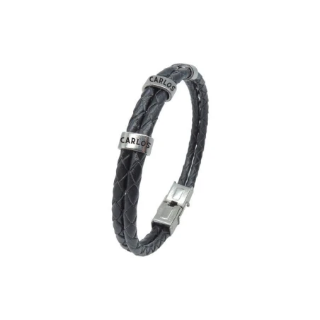 Pulsera Doble Hombre Acero Inoxidable Grabable y Piel trenzada Negra C30301899/N