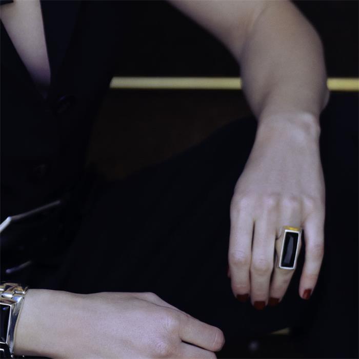 Anillo Ciclón Detalle Baño Plata y Cristal Negro 231502-01-2