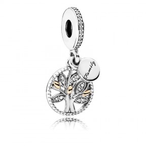 Charm colgante de árbol familiar en plata de ley, oro 14k y circonita cúbica transparente