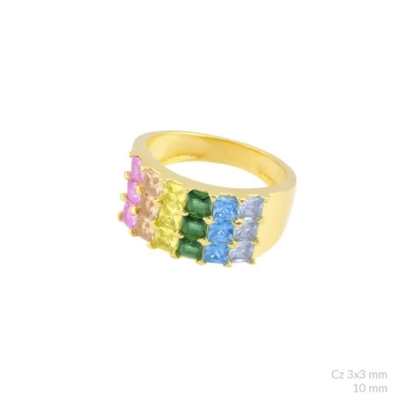 Anillo Plata Baño Oro y Triple Fila Circonitas Multicolor 124027