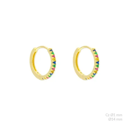 Pendientes Aro Plata Baño Oro 14mm y Circonitas Multicolor 152926