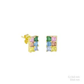 Pendientes Rectángulo Plata Baño Oro y Circonitas Multicolor 152962