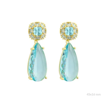 Pendientes Colgantes Plata Baño Oro y Piedras Azules Lágrima 153025