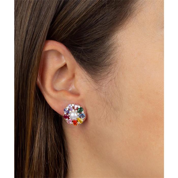 Pendientes Vidal&Vidal Flor Baño Oro, Circonitas Multicolor y Perla G3528