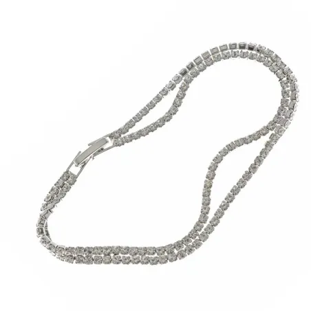 PULSERA METAL RODIO RIVIER DOS LINEAS CRISTALES CHECOS BLANCOS 17.5 CM