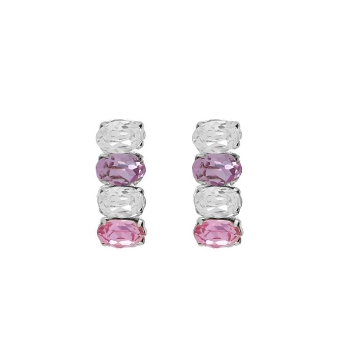 Pendientes Victoria Cruz Cortos Plata Baño Rodio, Cristales Blancos y Rosa A4508-MHT