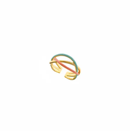 Anillo Salvatore Triple Linea Entrelazada Plata Baño Oro, Esmalte coral y Menta 151SM001