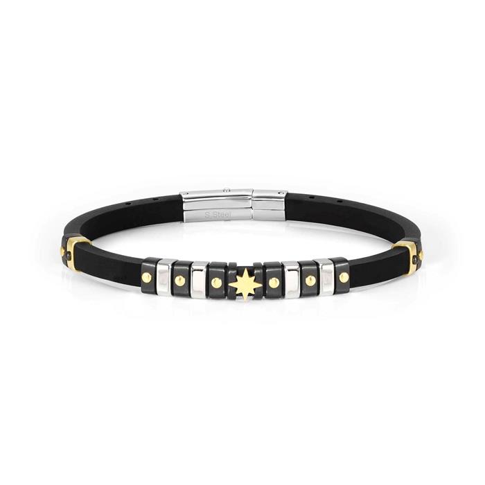 Pulsera Nomination City Hombre Caucho y Acero Negro, Plata y Oro Rosa de los Vientos 028815/014
