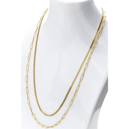 Collar Itemporality Anello Doble Cadena Plata Baño Oro Eslabones Cubanos y Rectangulares SNL-200-107-UU