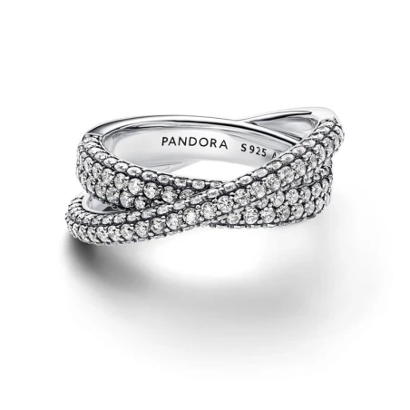 Anillo Pandora Doble Banda Cruzada en Pavé Plata 193022C01