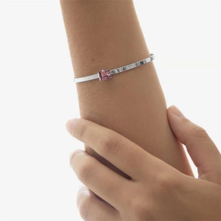 Pulsera Rígida Victoria Cruz Plata Baño Rodio y Cristal Rectangular Rosa A4706-05HP