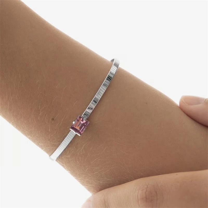Pulsera Rígida Victoria Cruz Plata Baño Rodio y Cristal Rectangular Rosa A4706-05HP