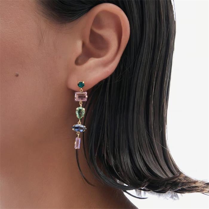 Pendientes Victoria Cruz Largos Plata Baño Oro y Cristales Multicolor A4702-31DT