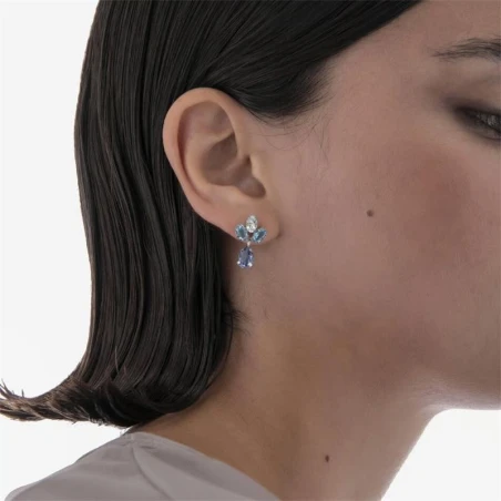 Pendientes Victoria Cruz Flor Plata Baño Oro y Cristales Azules A4690-18HT