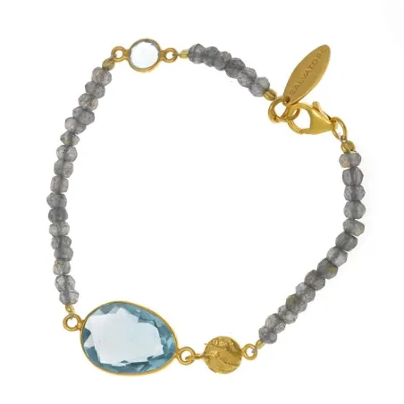 Pulsera plata chapado dorado 1 micra topacio azul hidrotermal oval cadena bolitas labradoritas 17cm