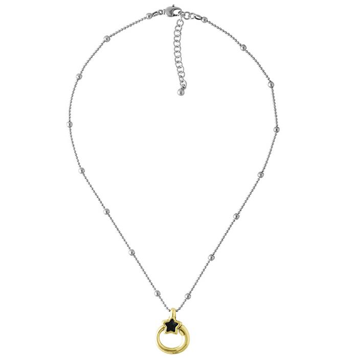 Collar Ciclón Lucero Baño Plata y Oro, Estrella Cristal Negro 220814-01
