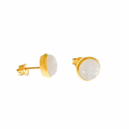 Pendientes Plata Chapado Dorado E-Coating Piedra Luna Arco Iris Cabujon Redonda 163A0143