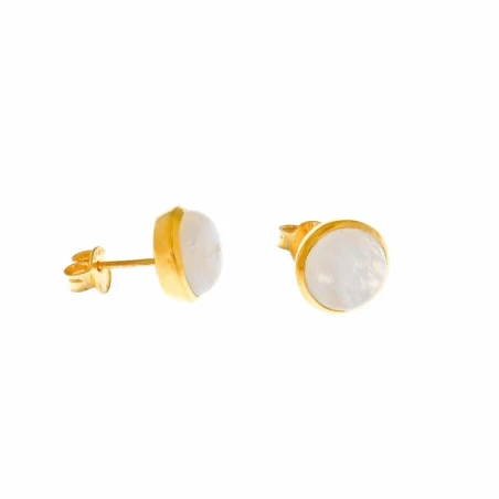 Pendientes Plata Chapado Dorado E-Coating Piedra Luna Arco Iris Cabujon Redonda 163A0143