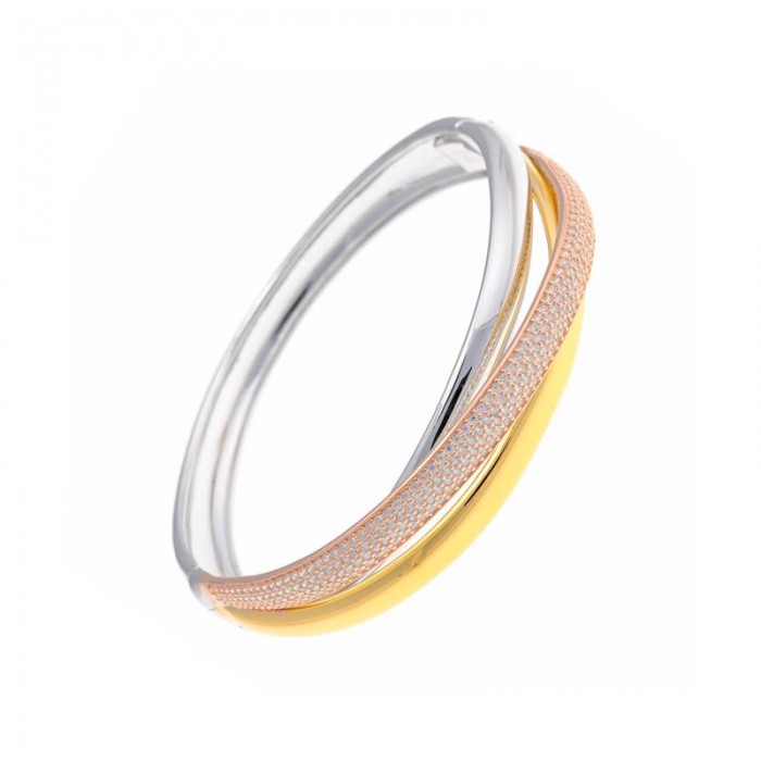 PULSERA CAÑA PLATA TRICOLOR RODIO, CHAPADOS DORADO Y ROSA TRES LINEAS CRUZADAS PAVE CIRCONITAS BLANCAS