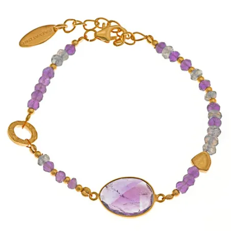 PULSERA PLATA CHAPADO DORADO AMATISTA OVAL BOLITAS LABRADORITAS Y AMATISTAS 17 + 4 CM