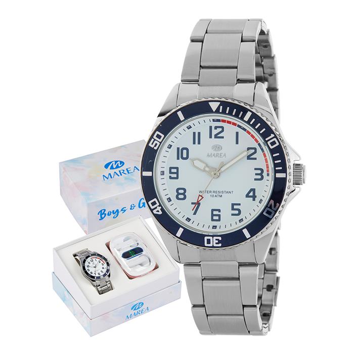 Reloj Marea Niño Comunión Plateado, Azul y Blanco Analógico y Auriculares Inalámbricos B41361/1