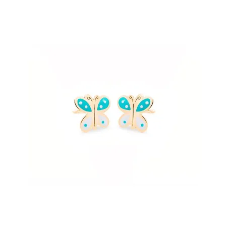 Pendientes Eles Mariposa Oro y Esmalte Turquesa y blanco Bebé 69AP 71/TB