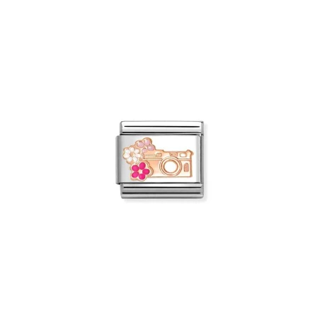 Composable Classic SIMBOLOS en acero, esmalte y 9 kt Camara con Flores